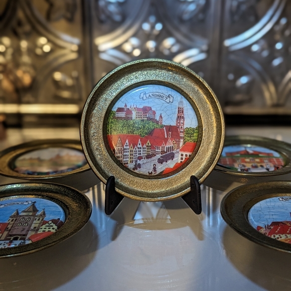 Vintage Brass Painted Porcelain German Coasters/Miniature Collectable Plates. - Picture 6 of 7
